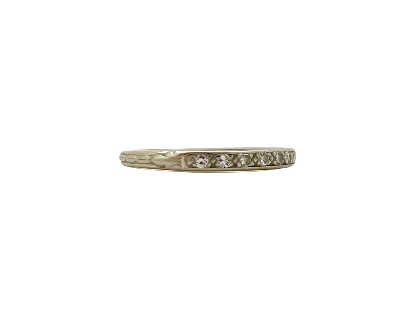 V I N T A G E // floral pave / solid 18k white gold with seven diamonds / deco nouveau retro wedding band / size 4.25