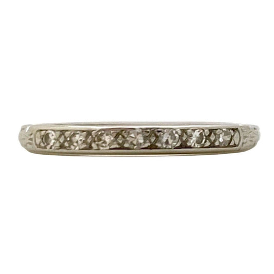 V I N T A G E // floral pave / solid 18k white gold with seven diamonds / deco nouveau retro wedding band / size 4.25