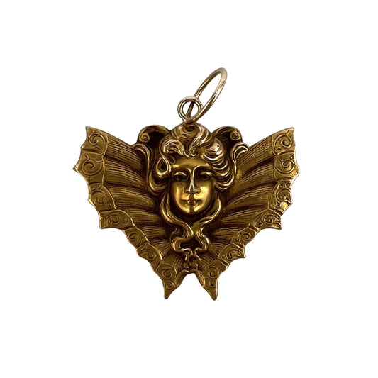 reimagined V I N T A G E // winged femme / 10k solid yellow gold / pin conversion pendant / moth lady face goddess butterfly