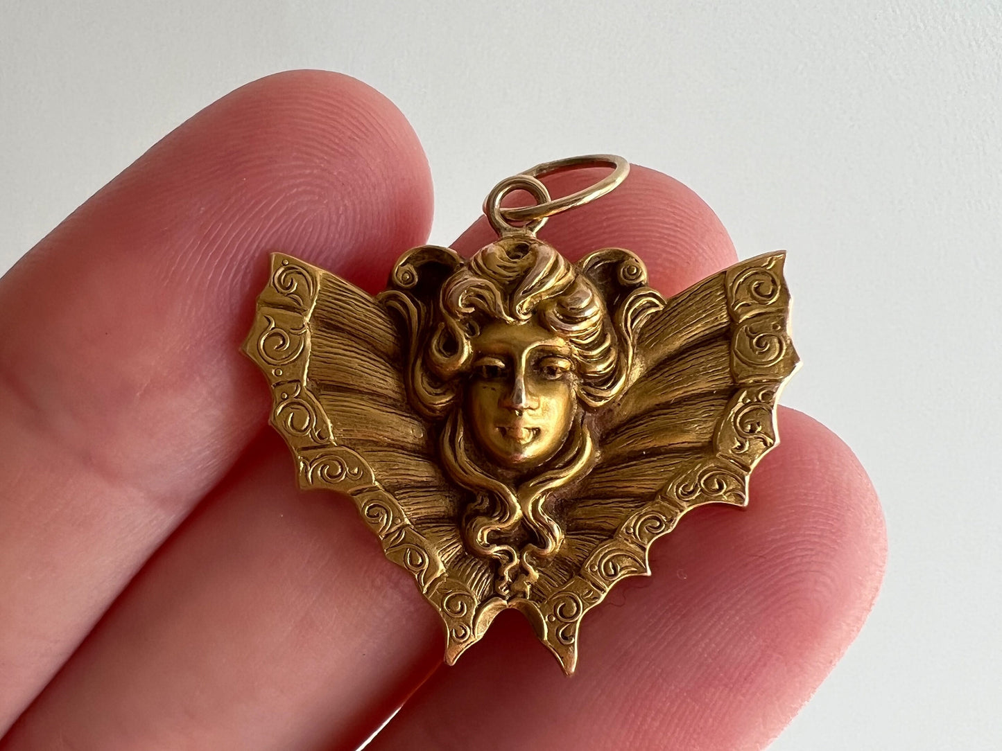 reimagined V I N T A G E // winged femme / 10k solid yellow gold / pin conversion pendant / moth lady face goddess butterfly