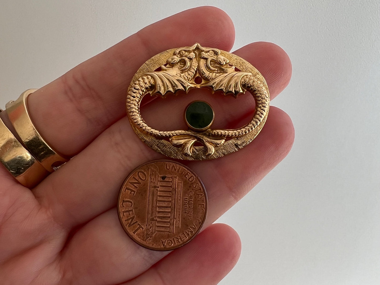 reimagined V I N T A G E // dragon duo / 14k solid yellow gold with spinach jade / pin conversion pendant / double dragon