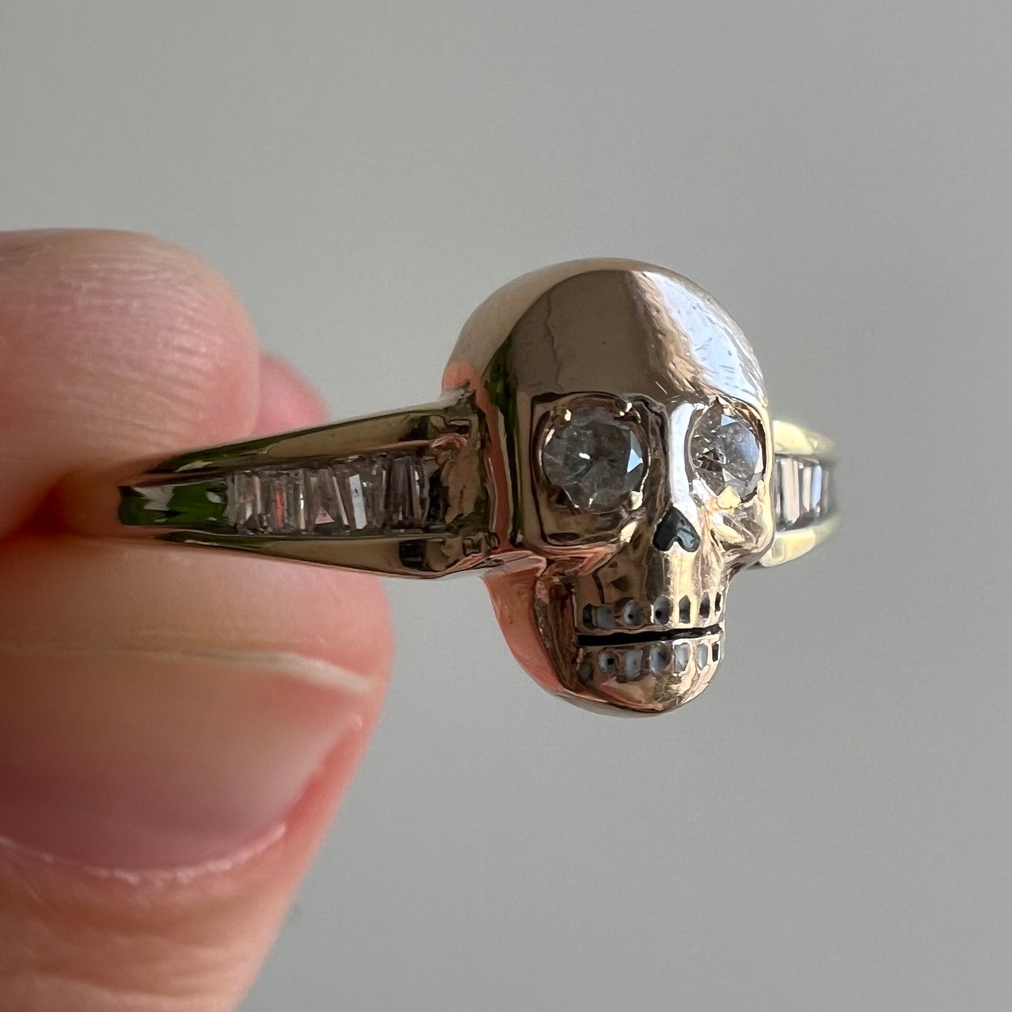 reimagined V I N T A G E // memento mori grin / 10k yellow and rosy gold with diamonds skull ring / size 9.5