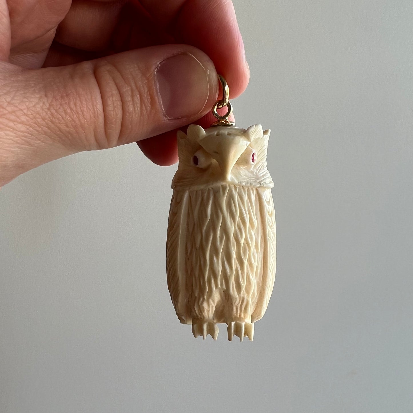 V I N T A G E // part of the parliament / carved bone owl pendant with 14k and ruby details