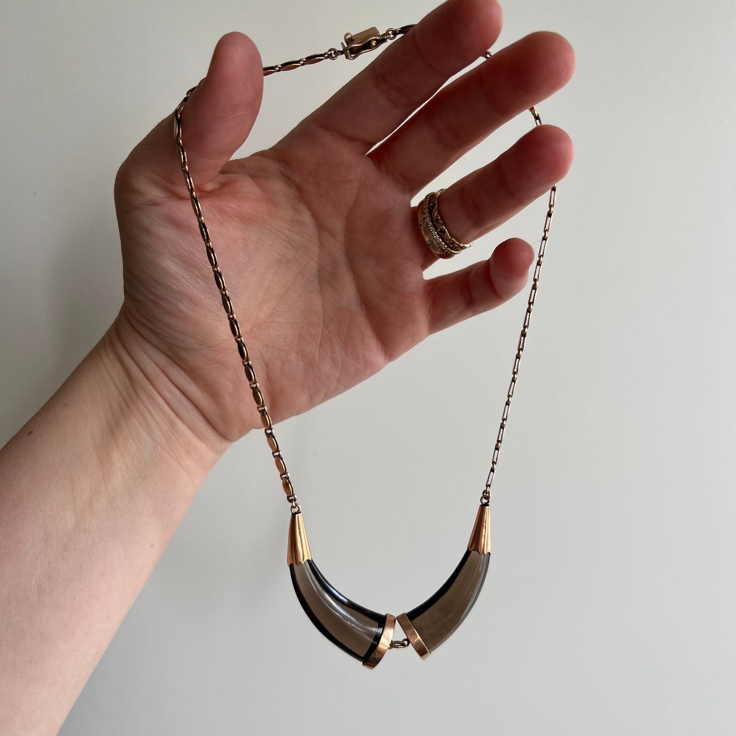 V I N T A G E // mid century ode to the Raj era / 14k rosy gold and smoky quartz horn statement necklace / 16"