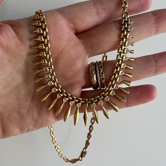 V I N T A G E // Cleopatra's fringe / 14k yellow gold bib necklace / 17.25"