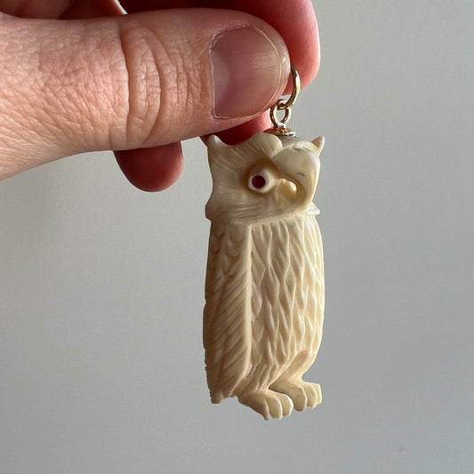 V I N T A G E // part of the parliament / carved bone owl pendant with 14k and ruby details