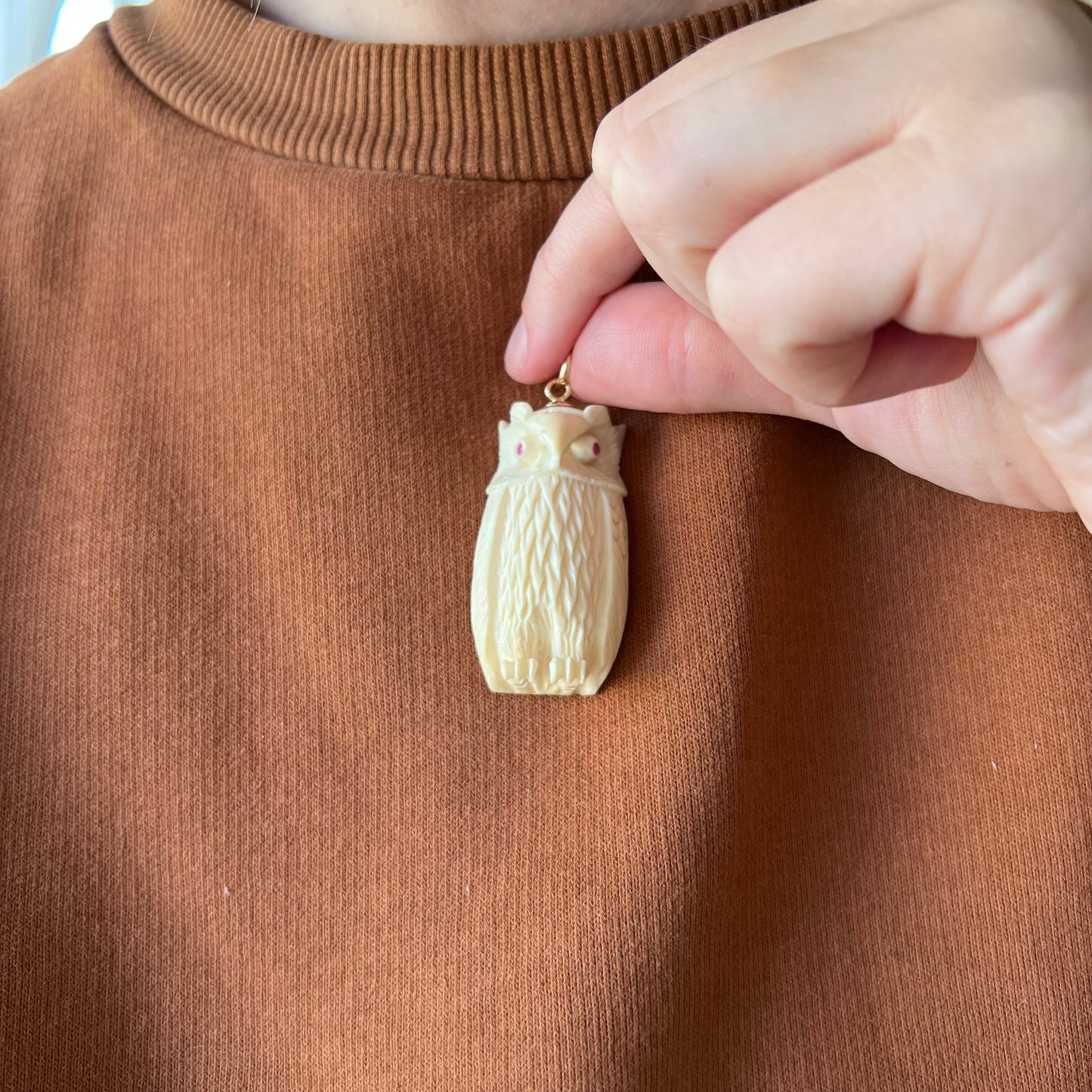 V I N T A G E // part of the parliament / carved bone owl pendant with 14k and ruby details