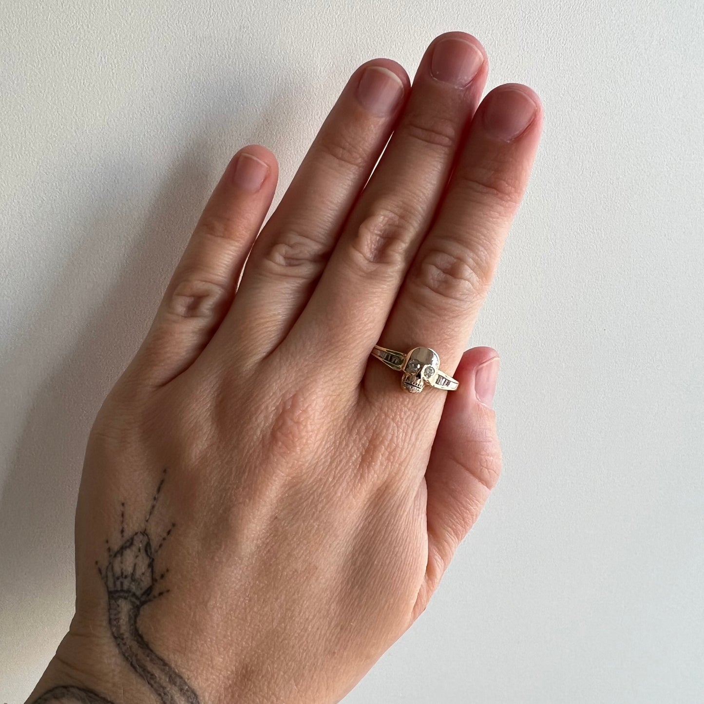 reimagined V I N T A G E // memento mori grin / 10k yellow and rosy gold with diamonds skull ring / size 9.5