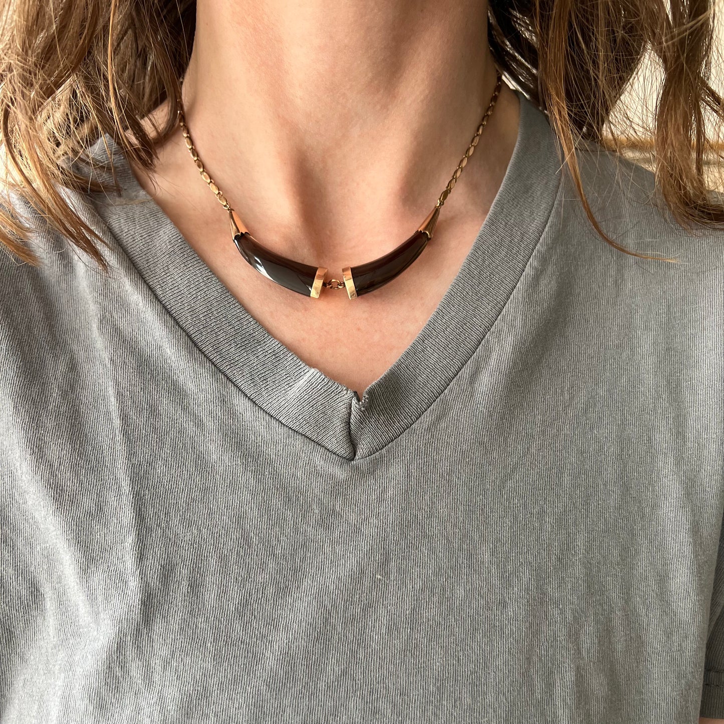 V I N T A G E // mid century ode to the Raj era / 14k rosy gold and smoky quartz horn statement necklace / 16"