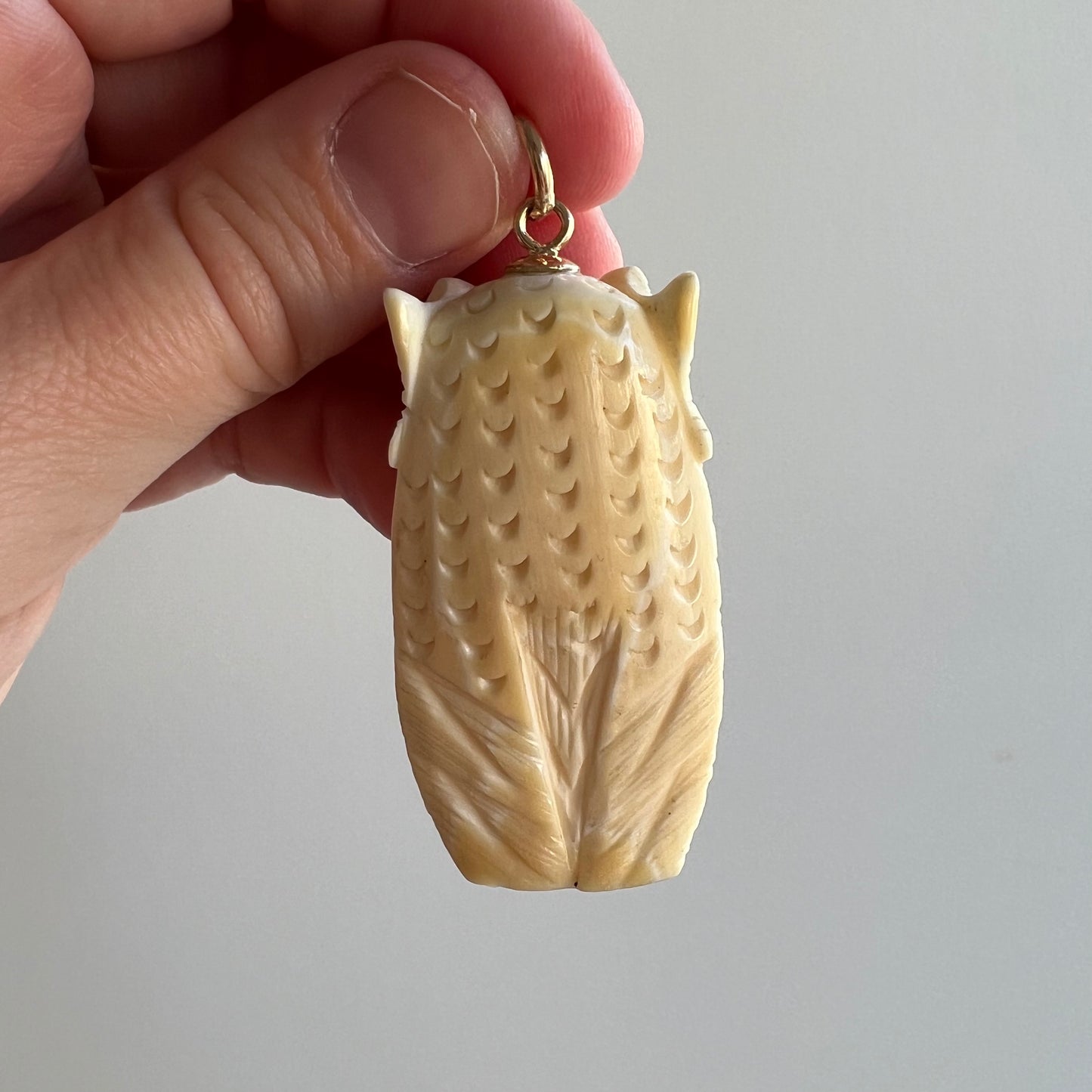 V I N T A G E // part of the parliament / carved bone owl pendant with 14k and ruby details