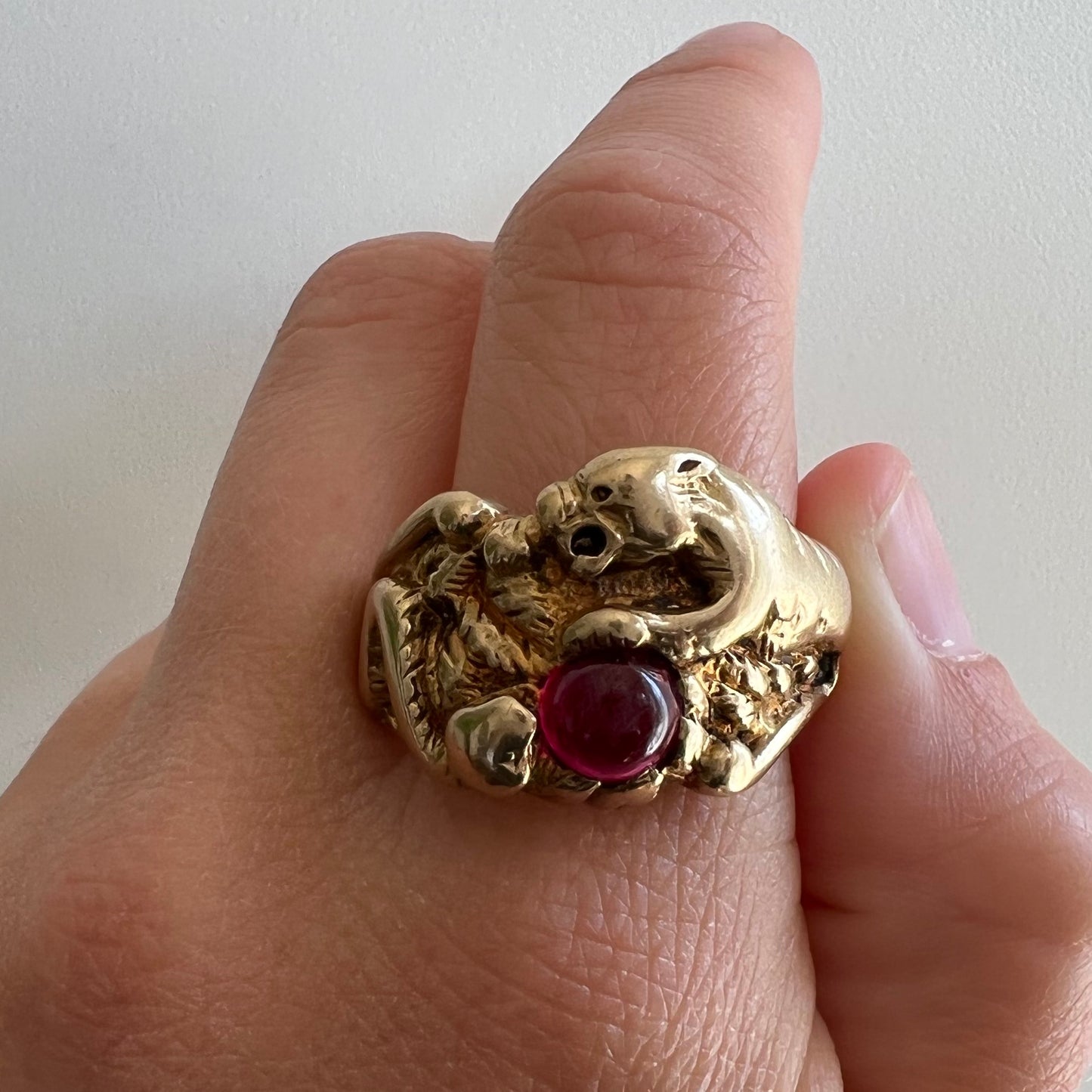 V I N T A G E // protective duo / 10k and red stone lion and snake ring / size 9.75-10