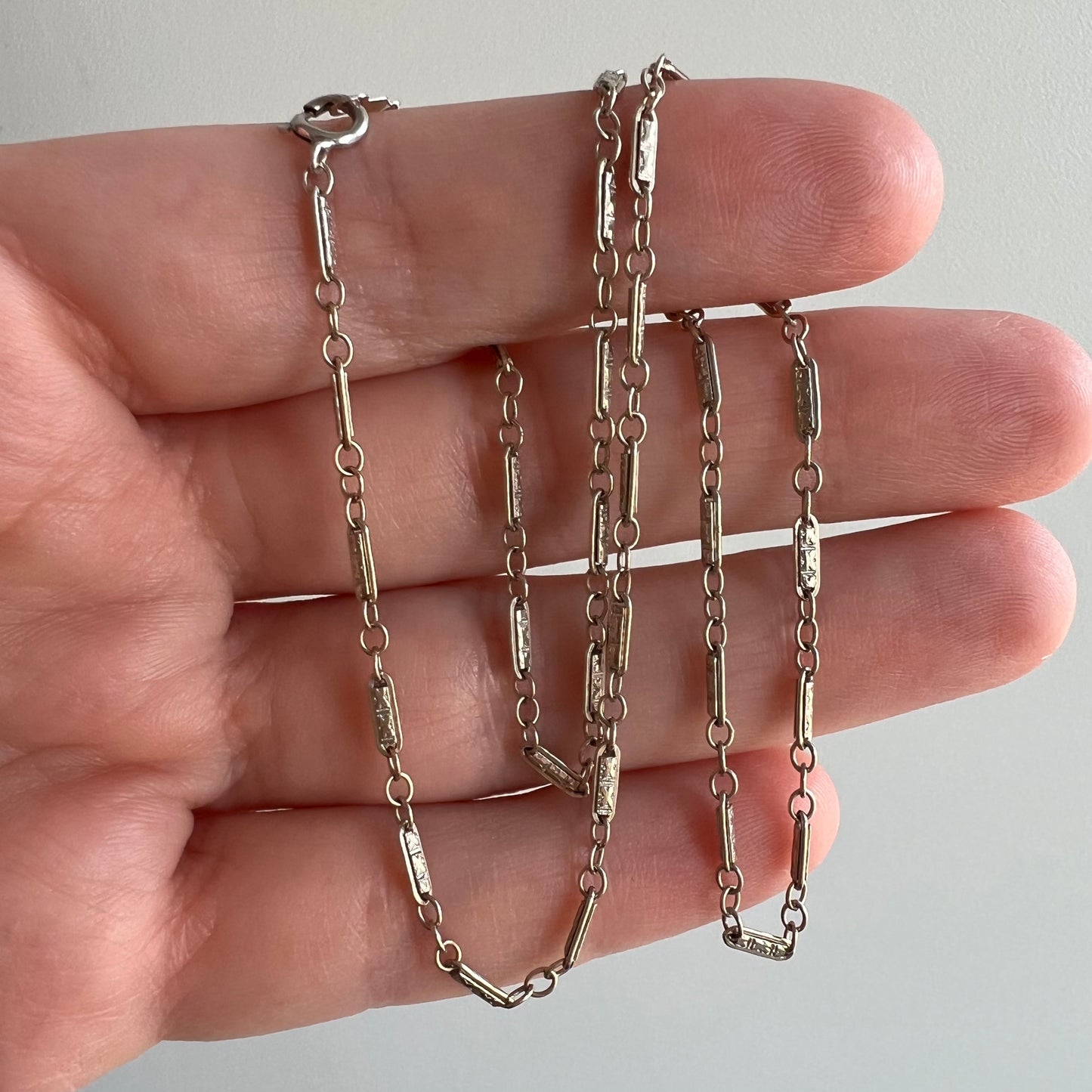 V I N T A G E // tiniest trombone / 14k white gold antique style fancy link chain / 15.75", 3.6g