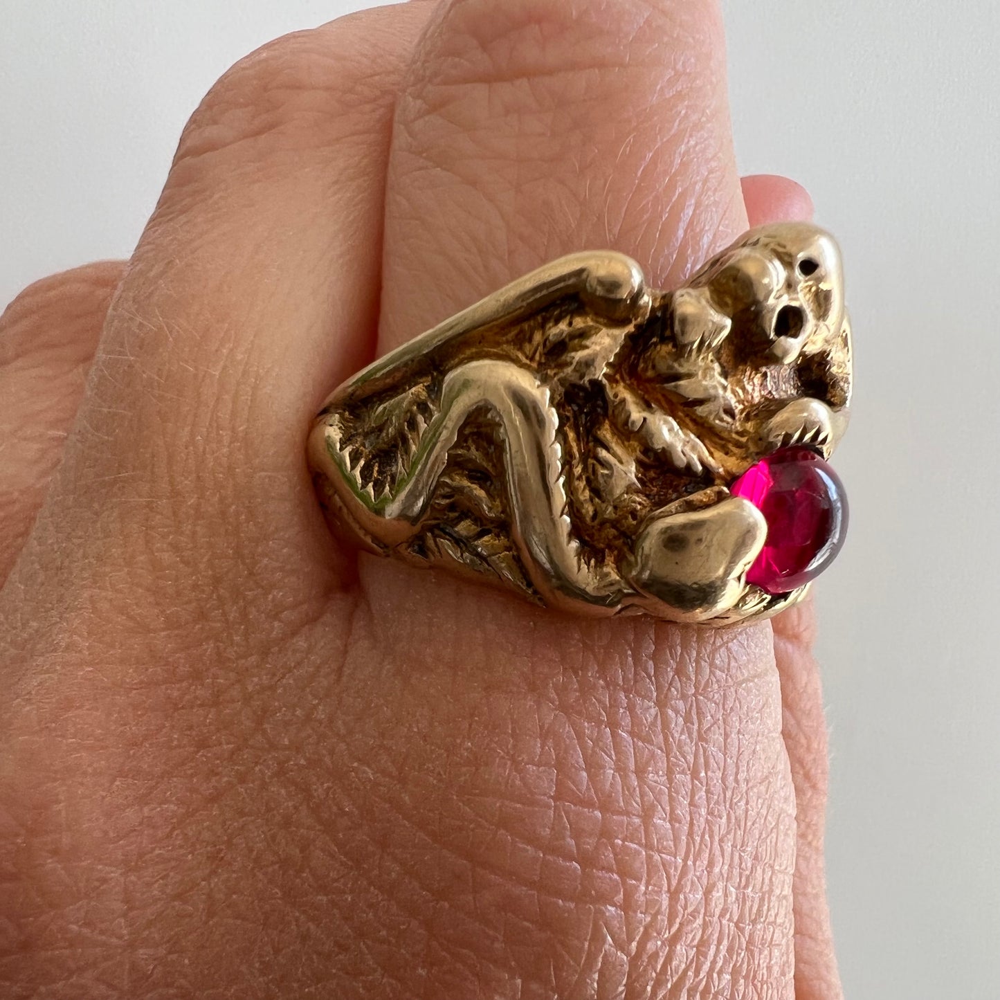 V I N T A G E // protective duo / 10k and red stone lion and snake ring / size 9.75-10